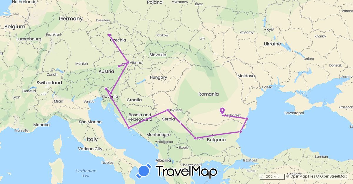 TravelMap itinerary: driving, train in Austria, Bulgaria, Czech Republic, Croatia, Romania, Serbia, Slovenia (Europe)